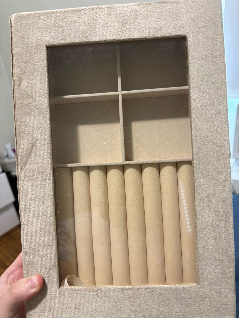 Velvet Jewelry Organizer Box with Clear Glass Lid - Beige